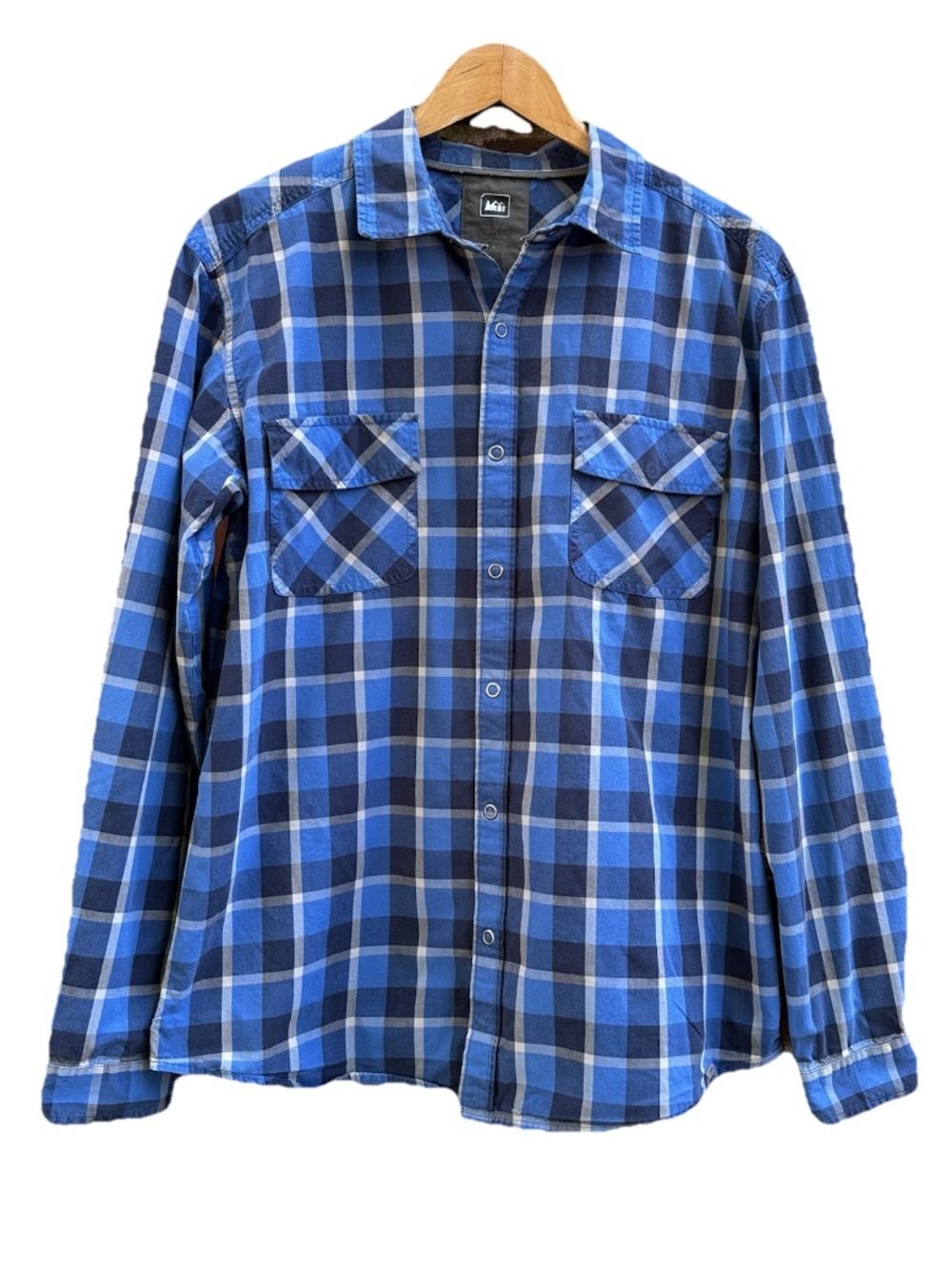 REI Plaid Shirt Collared Vented Snap 100% Cotton Blue Beige Navy Mens M Medium